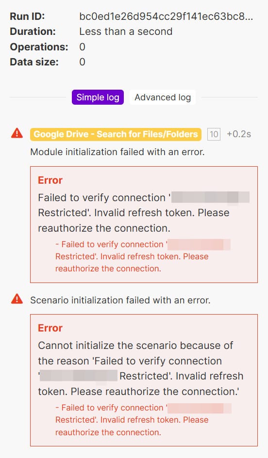 Screenshot showing a Google Drive module error in Make.com. The error message indicates "Failed to verify connection" due to an 'Invalid refresh token' in a restricted connection, requiring reauthorization to proceed. Both module initialization and scenario initialization have failed with the same error.